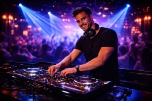 Male DJ performing live with hand on DJ mixer at a Dubai nightclub